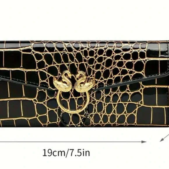 NWOT, Elegant Black and Gold Reptile Design with golden swans clutch or wallet - Picture 5 of 6